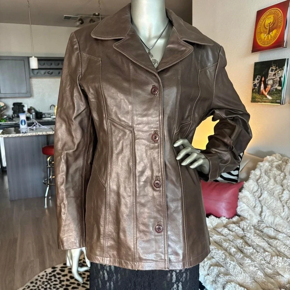 Vintage Brown Leather Jacket Y2K Metallic Wilsons Moto 🌿